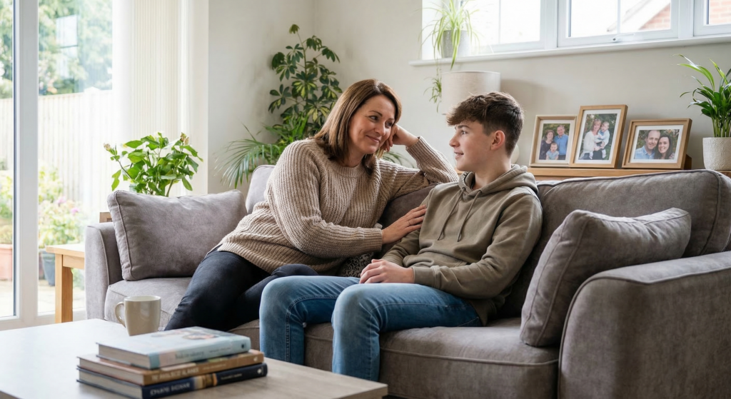 Supportive conversation between parent and teenager at home