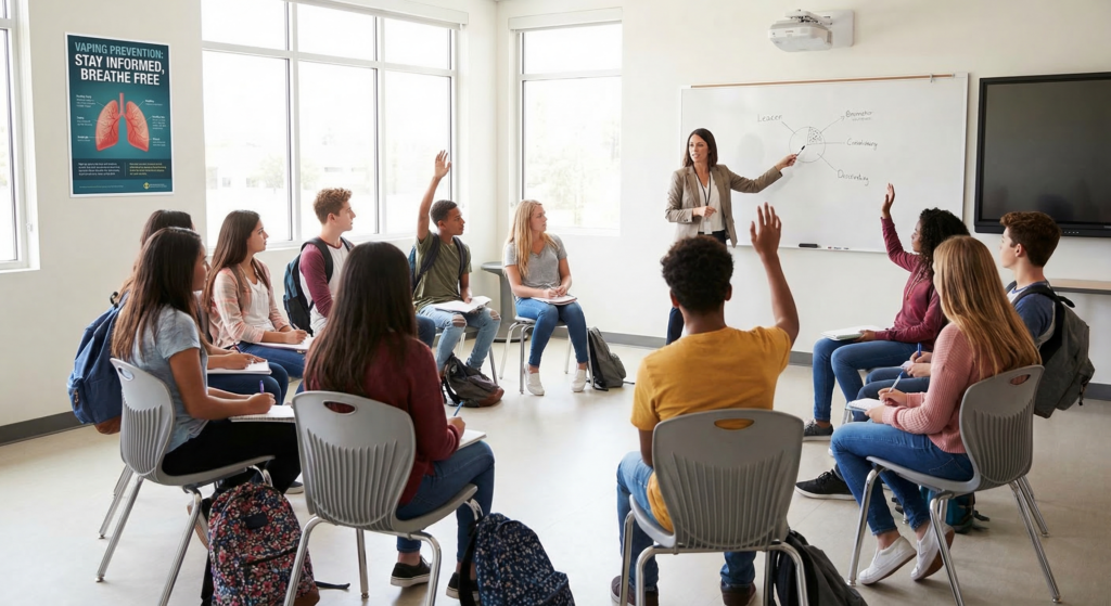 Educational classroom scene with students learning about vaping prevention