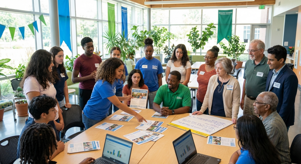Diverse community members working together on youth vaping prevention initiatives
