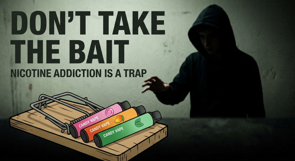 Colorful candy-flavored vape devices arranged like bait in a trap, illustrating how sweet flavors target young users